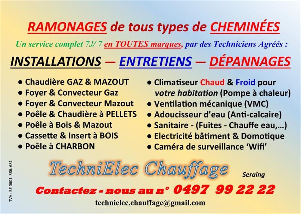 Ramonage Cheminée - Entretien Chaudière Gaz & Mazout - Poêle à Pellets - Cassette & Insert à bois - Chauffe Eau Gaz & Electrique - Convecteur & Foyer Gaz